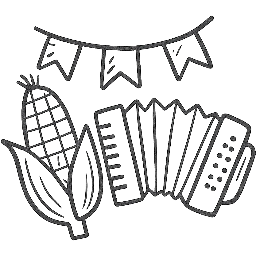 festa junina icon with a corn cob, accordion, and colorful flags, simple outlined icon style emoji