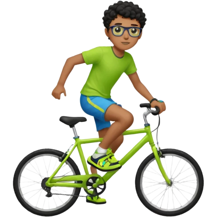 Menino pardo com cabelo curto cacheado preto raspado dos lados, de óculos preto quadrado e blusa verde e amarela bermuda preta e chinelo azul andando de biblicleta verde neon emoji