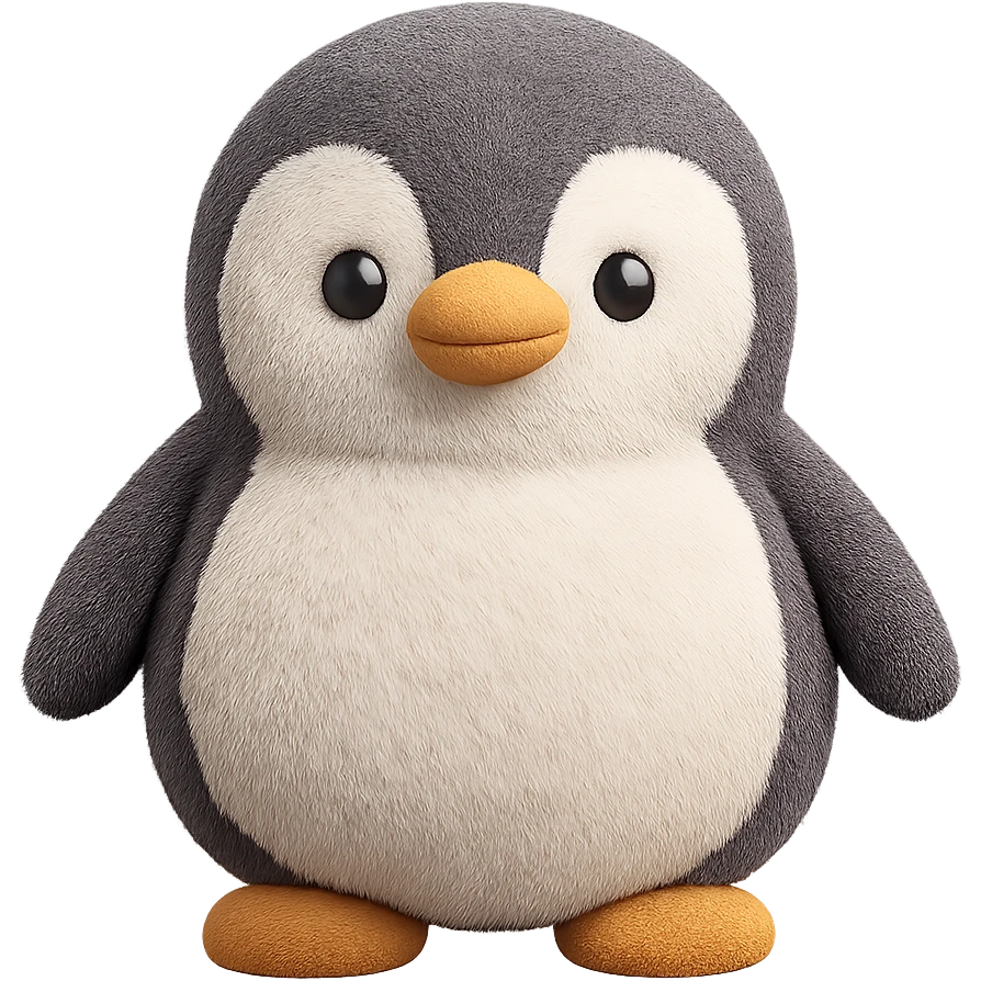 A friendly penguin plush with a round belly, orange beak, and small flippers. The penguin has a soft texture and charming details. emoji