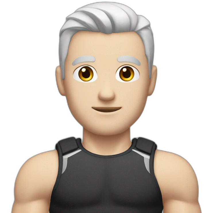 Pale skinned Fit Man With the biceps and dark brown hair in black shirt, gray sports shorts and white Sneakers His right hand near his back of the head emoji