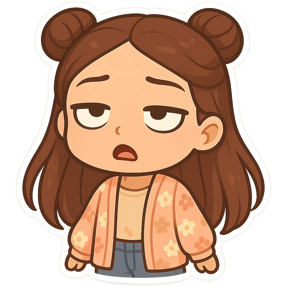 Create a chibi sticker of the girl from the reference image. She has brown straight hair styled in double buns, brown eyes, wearing a pastel floral cardigan and jeans. The expression is rolling her eyes as if saying 'oh my god'. The sticker should have a white outline and a transparent background, sized 512x512px. emoji