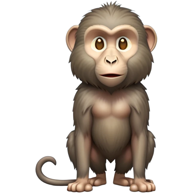 cinematic-hairy baboon-full-body-standing on all fours-emoji,-head-tilted-dramatically,-thick-grey-and-brown-fur,-simplified-yet-realistic-focused-features,-highly-detailed,-glowing-with-an-almost-sarcastic-glow emoji