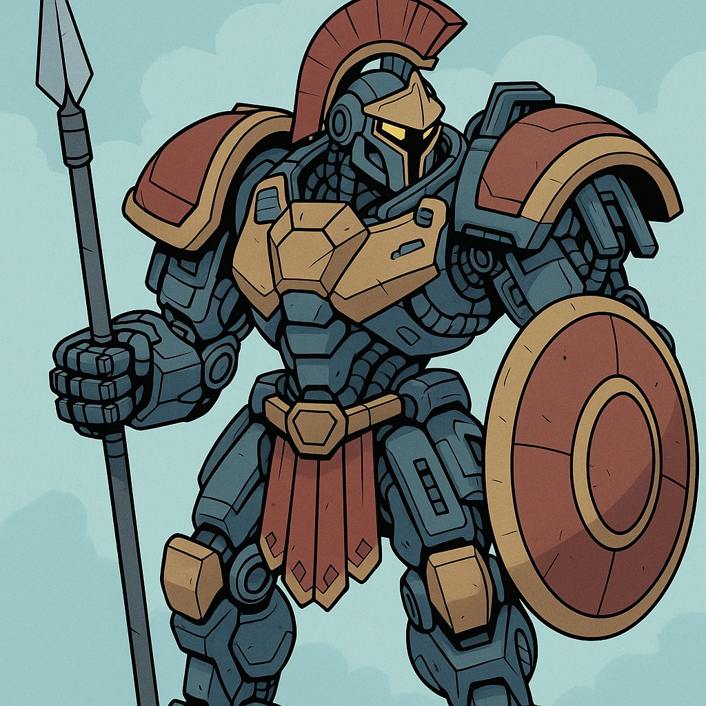 Large epic Cyberpunk mecha spartan inspired by an overwatch character wearing Greek armor emoji