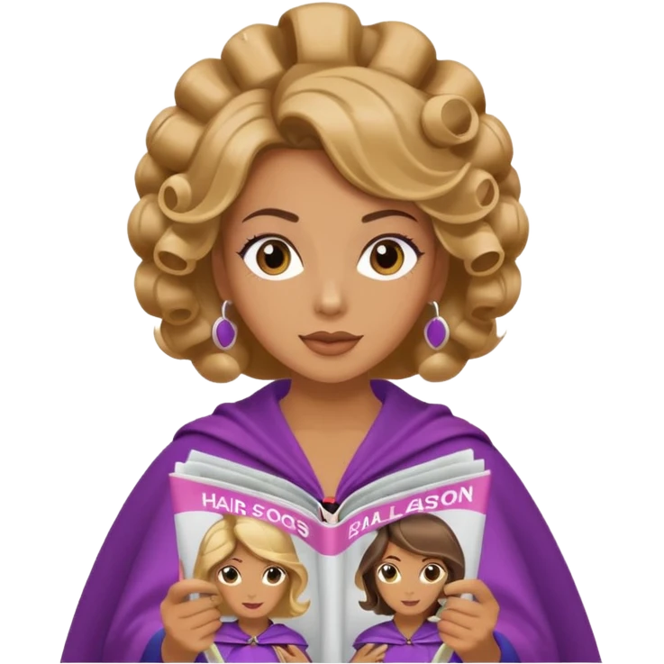 mujer en la peluquería con rulos en la cabeza y leyendo una revista emoji