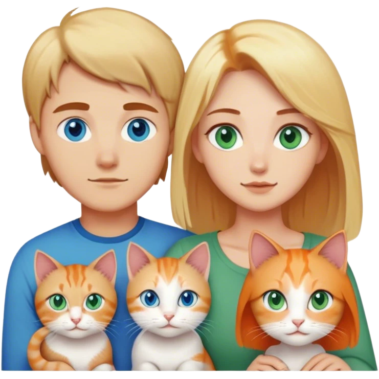 A family with a younger man with blue eyes and short brown hair, a younger woman with blue eyes, mid length blonde hair, and big breasts. And a cat with long hair that is a mix between orange and cream and green eyes emoji
