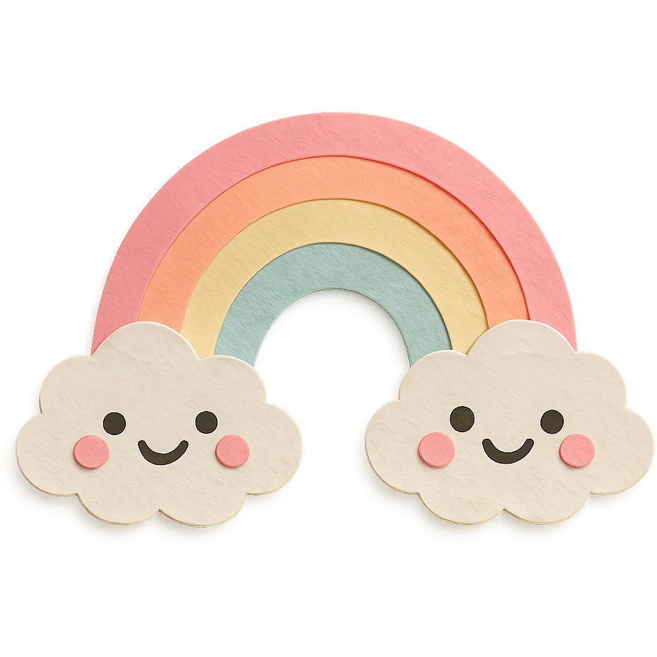 kawaii rainbow, stretching between two smiling clouds, soft pastel palette, no arms or legs, full body, paper craft style emoji