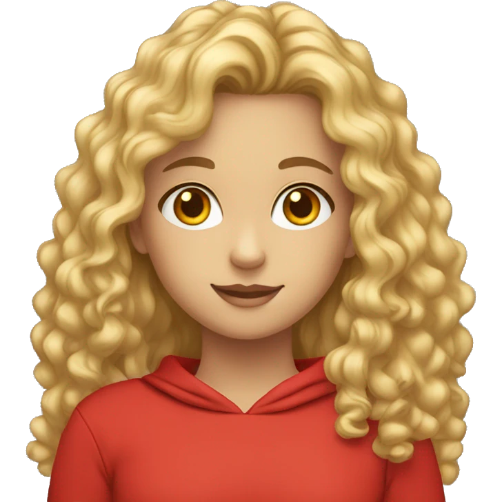 Girl with long blonde curly hair and hazel eyes and a red sweatshirt emoji
