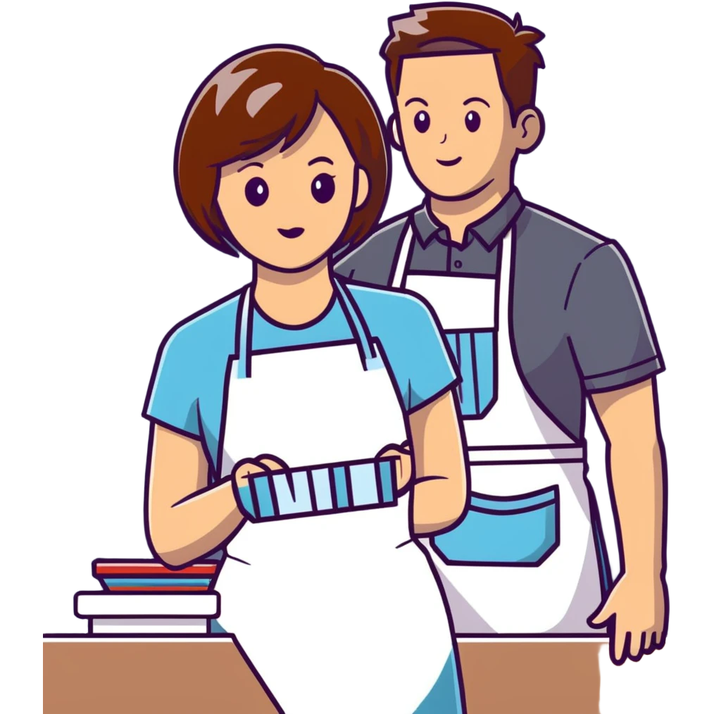 stylist with apron demonstrating haircut on mannequin to student emoji