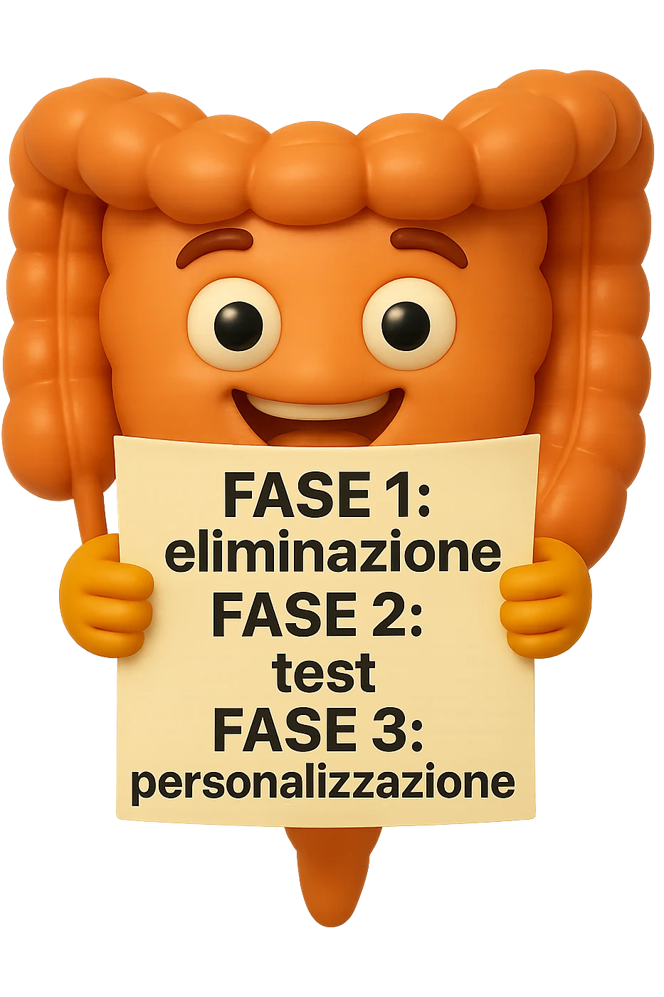 emoji stile iphone 3d di un intestino che tiene in mano un foglio con la scritta "FASE 1: eliminazione, FASE 2: test, FASE 3: personalizzazione, IPERREALISTICO 4K emoji