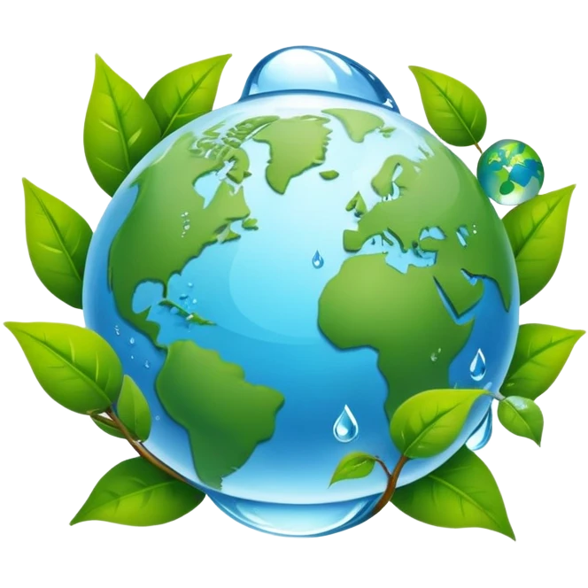 An icon featuring a globe with green leaves, a recycling symbol, and a water droplet, symbolizing ecology. The design includes trees, animals, and renewable energy icons, representing the study of ecosystems, environmental protection, and sustainability. Transparent background emoji
