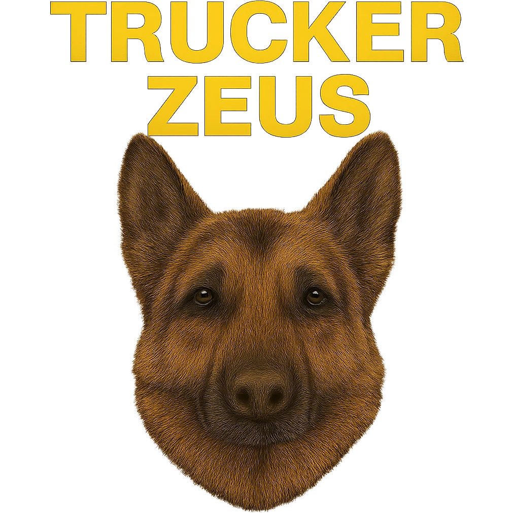 Reduce the image file size as much as technically possible, even if it lowers image quality, while keeping the background fully transparent, the realistic German Shepherd, and yellow 'Trucker Zeus' text. emoji