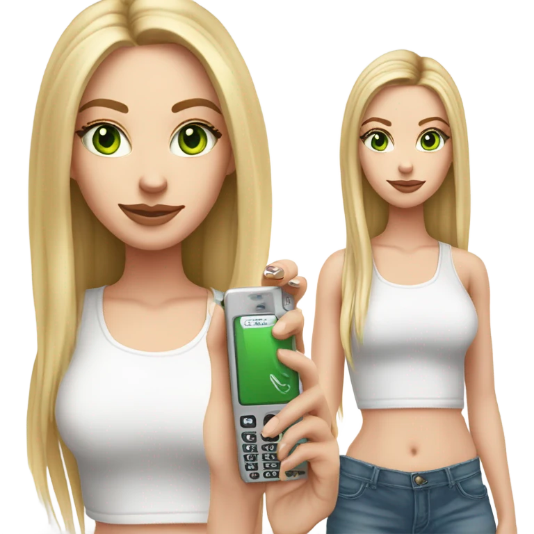 Realistic White girl with Long straight blonde hair, green eyes, tattoos, full body wearing white crop top, holding pink phone emoji