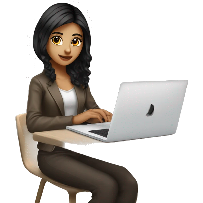 Beautiful programmer girl with black hair and brown highlight streaks hair working with MacBook, with brown eyes  emoji