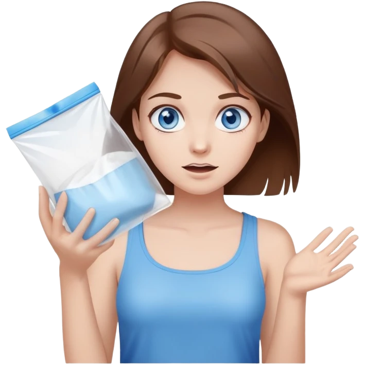 Brown hair blue eye Girl shrugging holding a clear plastic bag with white powder emoji