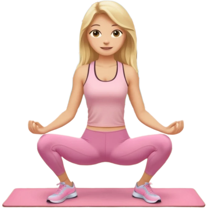 Create a young woman with long blonde hair, golden eyes, and medium-light skin tone, wearing a light pink tank top and leggings. She should be doing home worjout, with a smile emoji