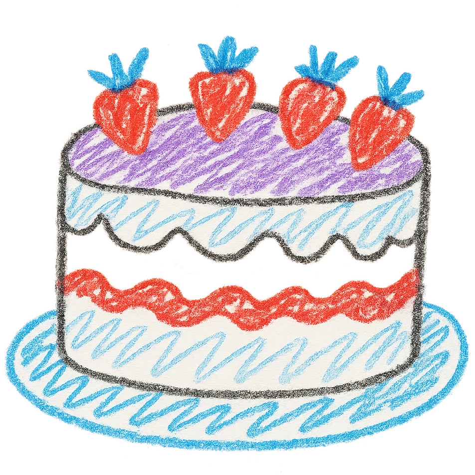 white cake with strawberries on top, playful and colorful, children doodle style emoji