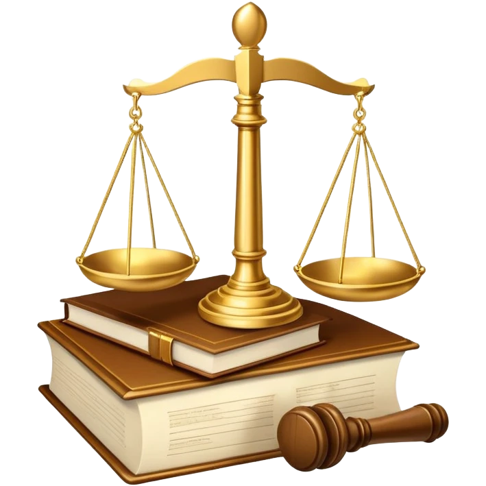 An icon featuring scales of justice, a gavel, and a legal book, symbolizing the study of law. The design includes courthouse pillars in the background, representing authority and legal systems. Transparent background highlights the principles of justice, order, and legal education. emoji