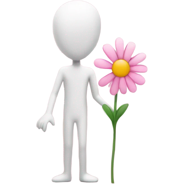 A white stick man holding a pink cute flower emoji