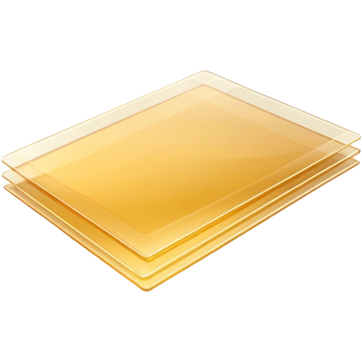 3 translucent gelatin sheets, overlapping, flat, fine grid pattern, thin, glossy, pale golden tint, dry, 3D, clean, soft lighting, realistic transparency, no anthropomorphic features, no packaging, transparent background, emoji scale emoji