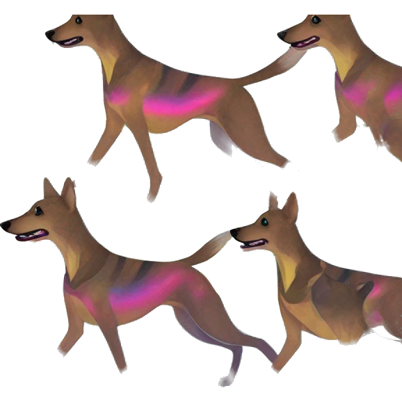  brindle brown black maroon striped lurcher Alsatian fox running blue eyes and iridescent holographic oilslick harness wearing paper iridescent tropical flower crown yellow caution tape emoji