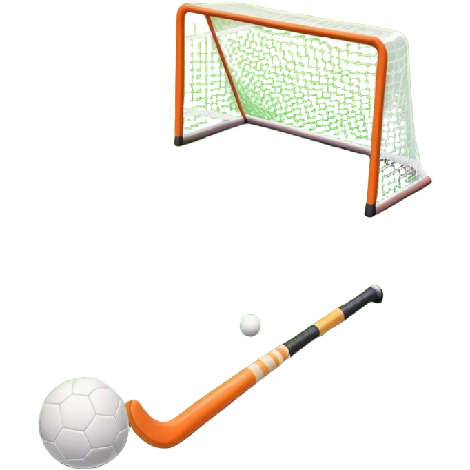 A field hockey stick and ball positioned on a vibrant green grass field, with the goalposts and clear field markings in the background. The scene highlights the lush, well-maintained turf, emphasizing the speed and precision of the sport in an energizing outdoor setting. emoji
