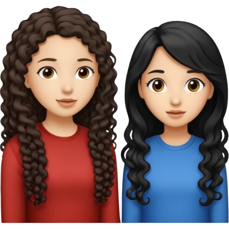 two girls, one girl have a long curly brown hair and the other have a straight black hair, they face to face practice speaking  emoji