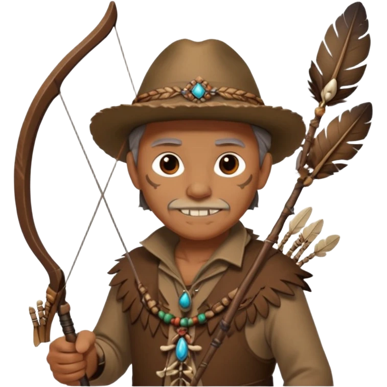 The classic image of a middle-aged uncle hunter carrying a bow, dressed in brown clothes, with some ornaments made of feathers, bones or teeth on his body. emoji