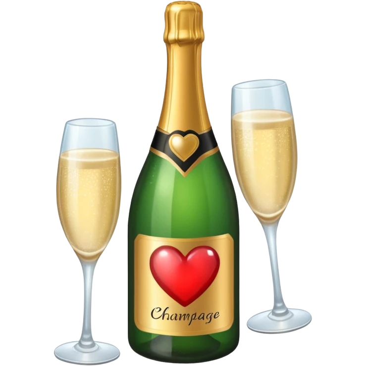 Draw a champagne bottle with a heart label using an isometric camera with a High-Angle Shot. emoji