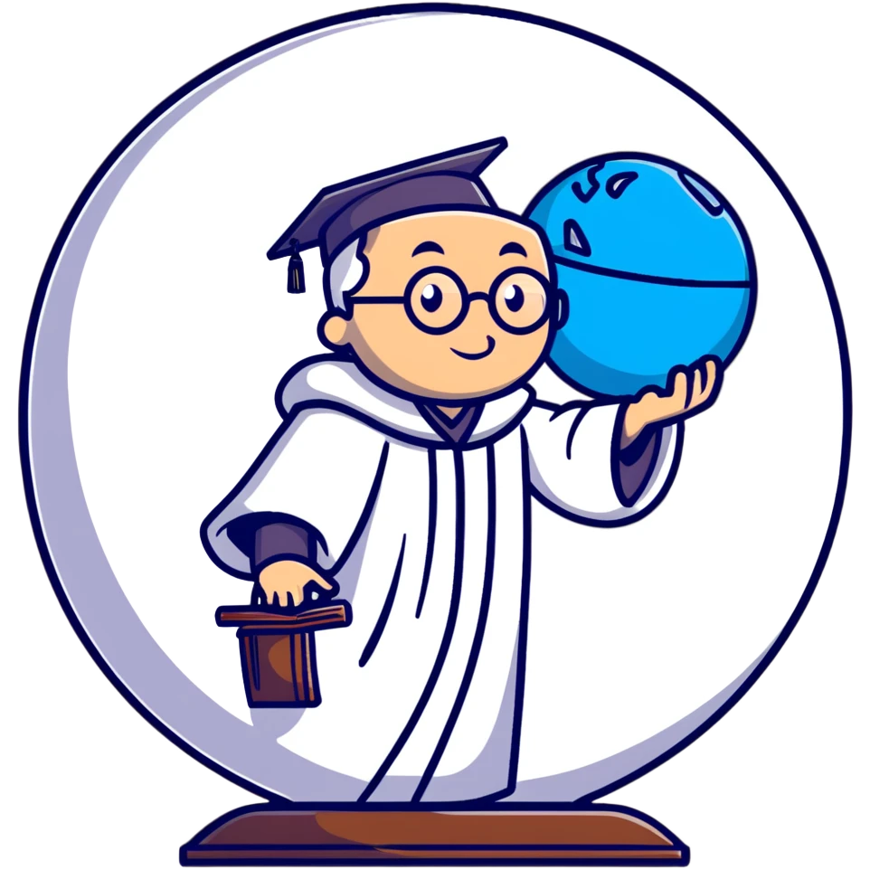 wise professor in academic robe spinning a floating globe sphere emoji