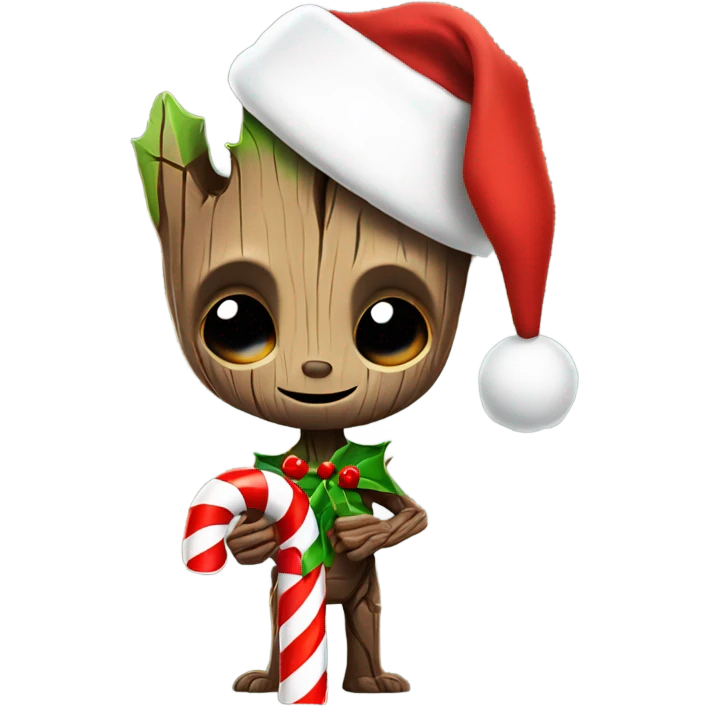 groot wearing santa hat and holding a candy cane emoji