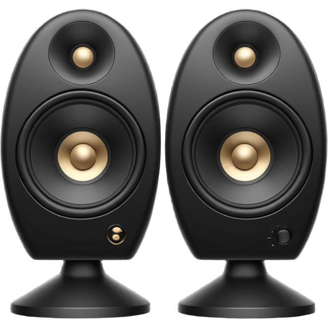 pair of big speakers emoji, deep matte black metal body, circular speaker cones with subtle depth, smooth rounded edges, minimalistic futuristic 3D style, luxury aesthetic emoji