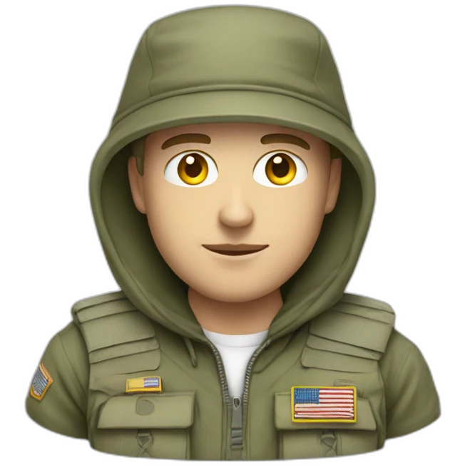 white guy with militay print hat and white hoodie and pants emoji