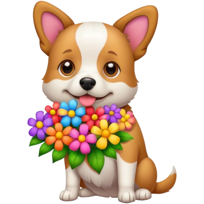 A dog holding a lot of flowers emoji