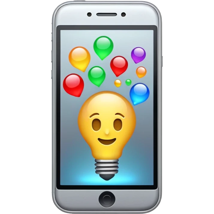 Generate a realistic emoji of a smartphone where a lot of things like data, ideas, inventions and creative stuff coming out of it. Whats coming  out of it spreads in the air  emoji