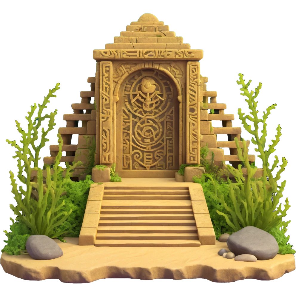 full ancient Anunnaki golden underwater base, complete structure visible, weathered stone, overgrown with seaweed, mysterious carvings emoji