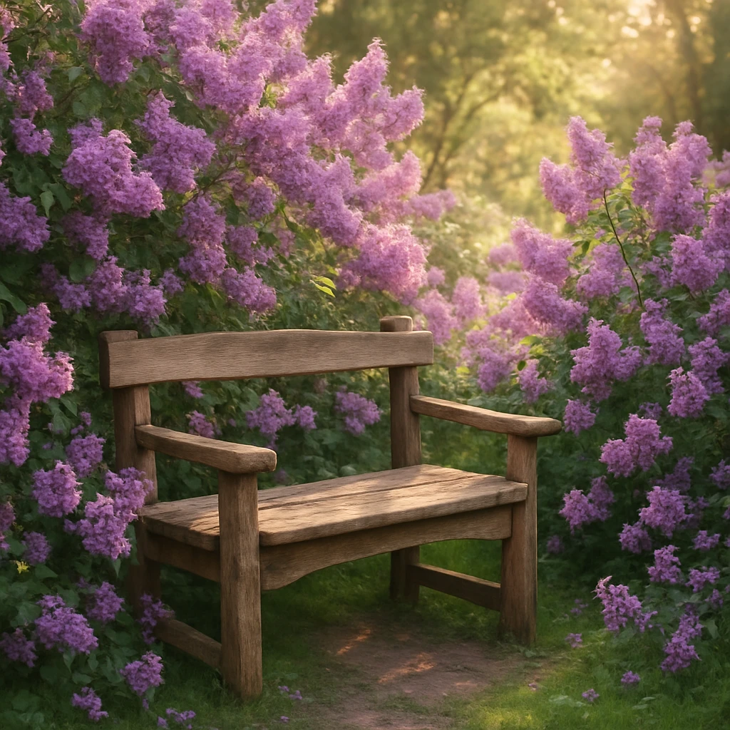 A rustic bench nestled among vibrant lilac bushes, floral abundance, serene garden scene emoji