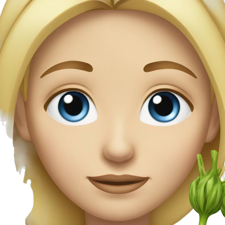 White girl, blonde, with blue eyes, rubs her head on which there are onion sprouts emoji