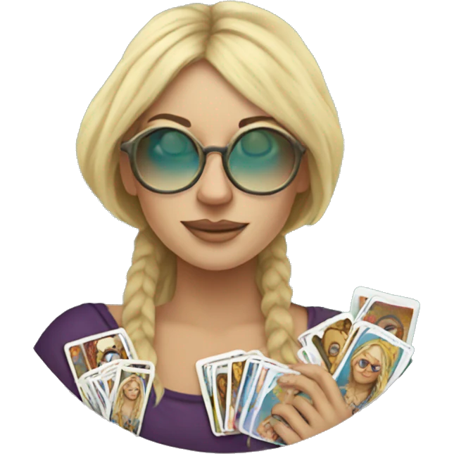 Blonde Hippie Karen with circular glasses and tarot cards emoji