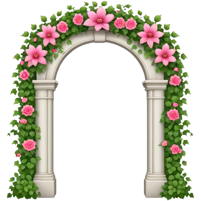 White tall archway with vines, ivies, and romantic pink and red flowers  emoji