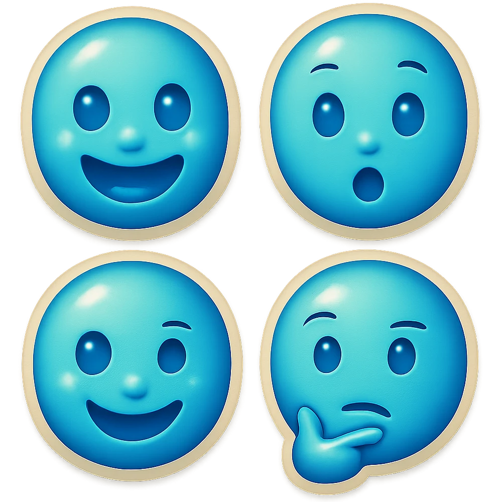 Create four similar variants of this emoji image, maintaining the emoji style and blue color, but with different facial expressions. emoji