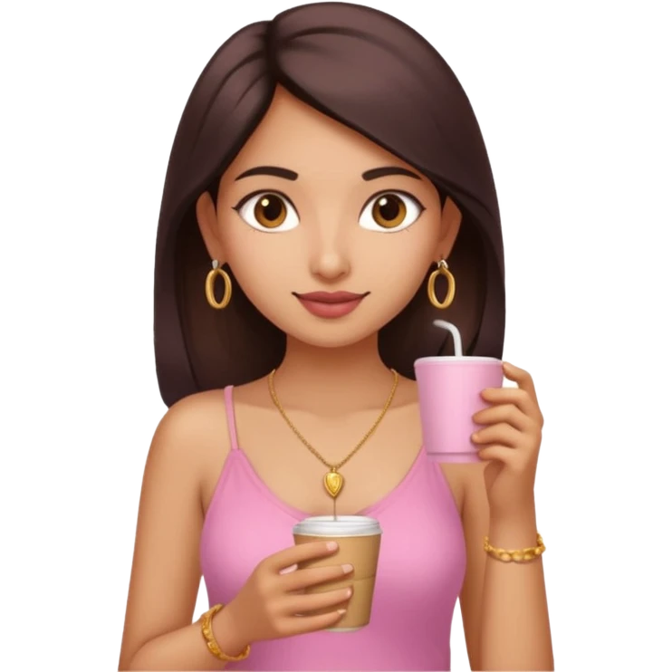 a pretty fair indian bratz girl with a pink cami top, drinking takeaway brown coffee, golden dainty necklace emoji