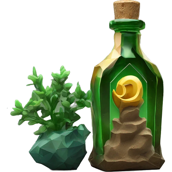 symbolic dirt humus in a bottle sculpture symbolizing Capricorn with a geometric, faceted design. The bottle is standing upright with angular and baroque features. The vibrant deep green plants colors highlights the sharp edges and planes.  emoji
