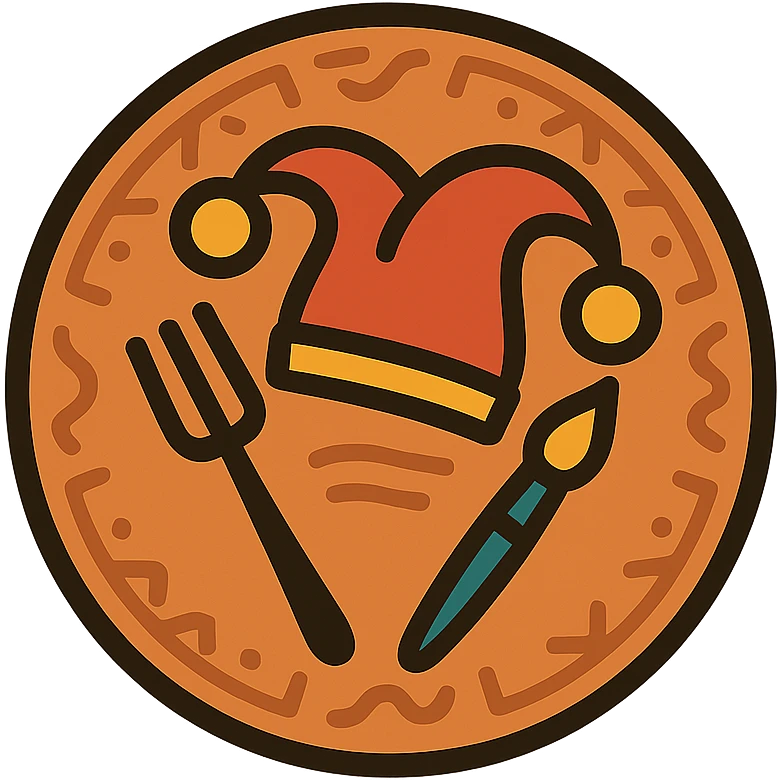 minimalist logo for a culinary and pottery workshop featuring a jester's hat with a fork and a paintbrush as two bells, on a round plate with hand-crafted ceramic patterns, warm inviting flat colors, playful and professional emoji