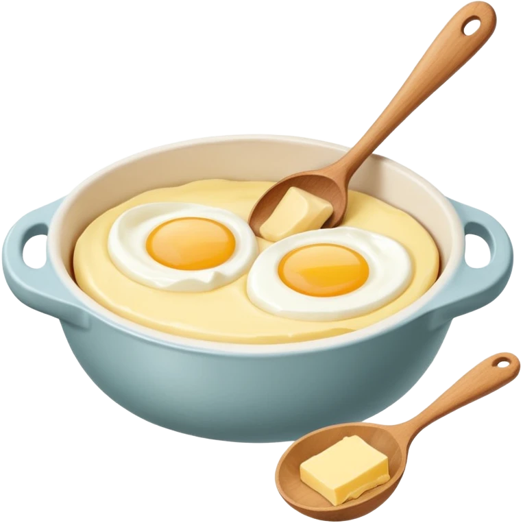 A carton of eggs, butter and a cream ceramic baking bowl with a wooden spoon in it emoji