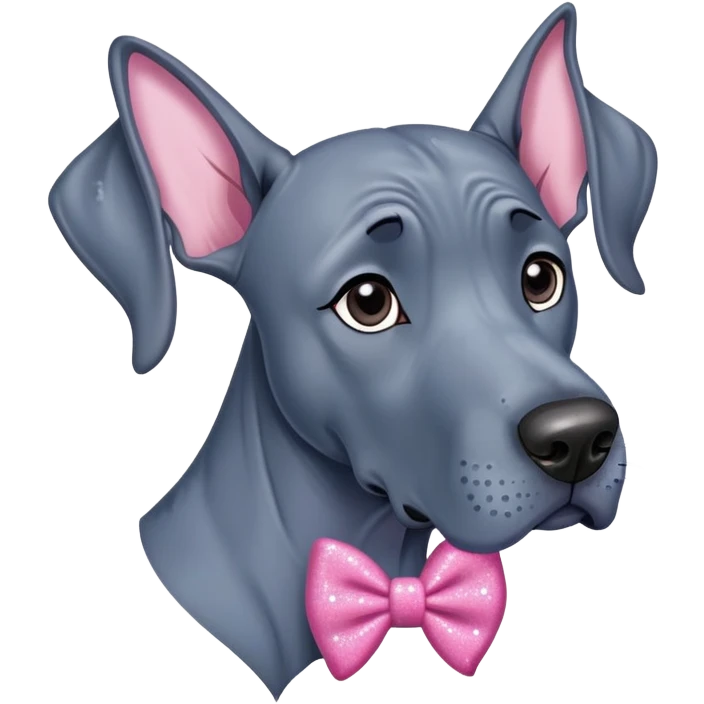 Blue Great Dane dog with a sparkly pink bow on one ear, cute cartoon style emoji