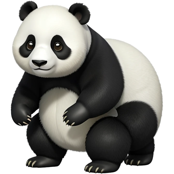 cinematic-[panda bear]-realistic-full-body-standing on all fours-emoji,-tail-tucked-close,-head-tilted-dramatically,-thick-[black and white]-fur,-simplified-yet-realistic-focused-features,-highly-detailed,-glowing-with-an-almost-sarcastic-glow emoji