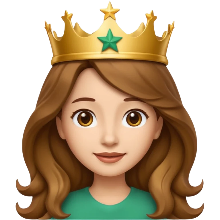 Apple style 3D emoji of a young woman inspired by the Starbucks logo. She has long wavy hair on both sides, a crown with a star on her head, and a soft smile. Smooth, shiny, simple emoji look. emoji