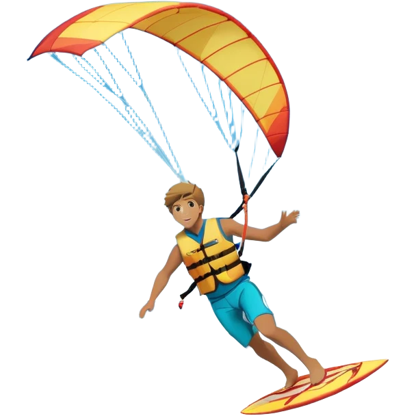 A kite surfer soaring above the waves, holding onto a kite with the wind in full force. The background showcases the ocean and sky, emphasizing the freedom, thrill, and energy of the sport. The motion of the kite and board is dynamic, capturing the excitement of kiting. emoji