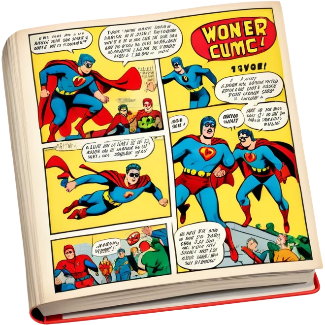 Icon for Vintage American Comics: an open comic magazine with classic 1940s-1950s American comic art, featuring superheroes in bold, bright colors, with action panels and exaggerated speech bubbles. The icon should represent the nostalgic style of vintage comics. Transparent background. emoji