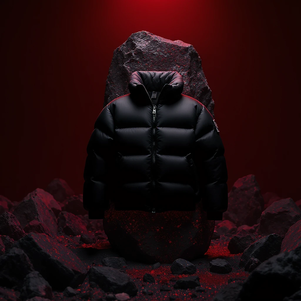 cinematic still of a front black puffer jacket around black stone with red coal temeperature environment, back red light, top light, shot by sony A7 III emoji
